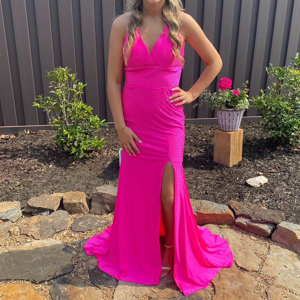 Formal dress, hot pink, beaded, size 4